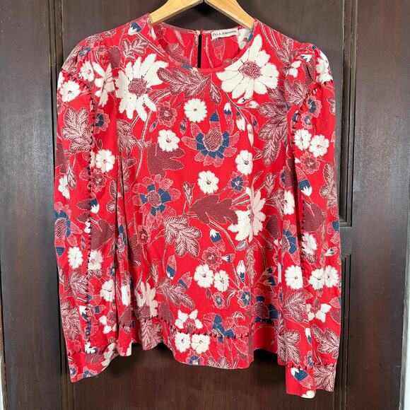 ULLA JOHNSON | Terese Red Floral Cotton Puff Sleeve Blouse | Size 6 - Picture 2 of 9